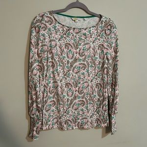 Boden Women’s Size 8 Long Bishop Sleeve Cotton Modal Top Pink Green Brown Floral